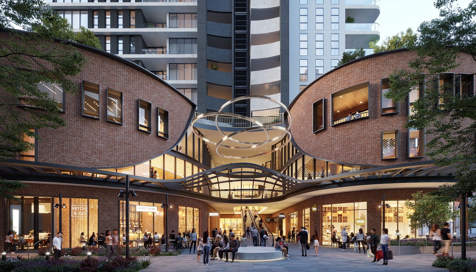 An artist's rendering of a shopping mall with people walking around.
